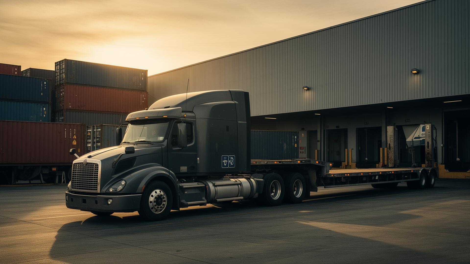 Long-haul truck and flatbed trailer at a commercial loading dock at golden hour