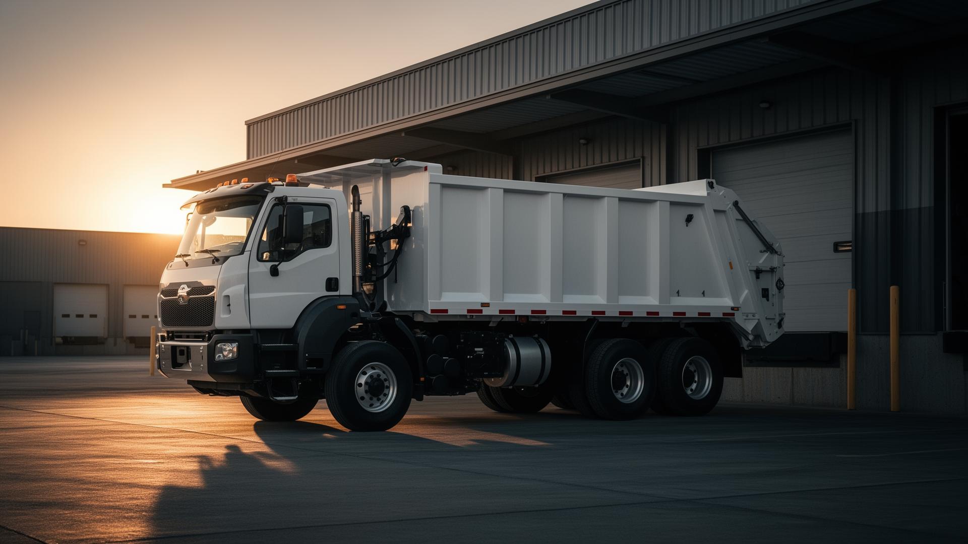 Roll-off and front-load waste hauling truck at a commercial loading dock